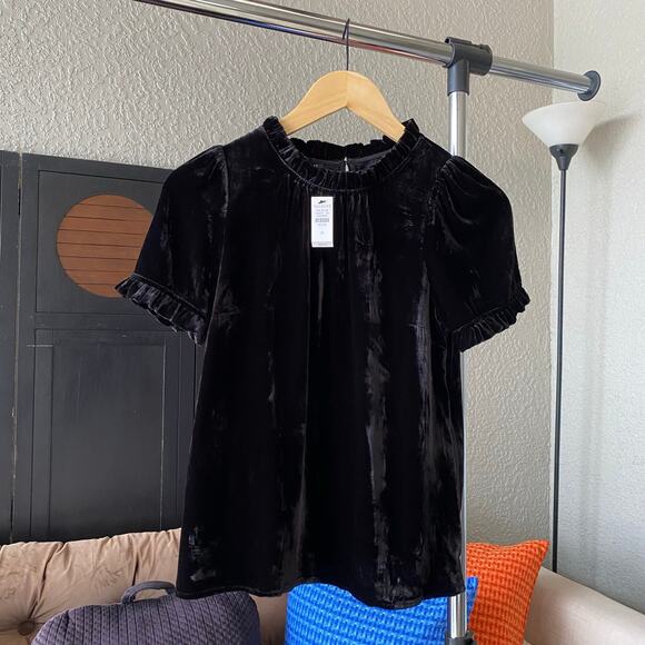 Talbots Tops - Talbots Velvet High Neck Blouse Puff Sleeve Mock Neck Frilly Trim Black Petite